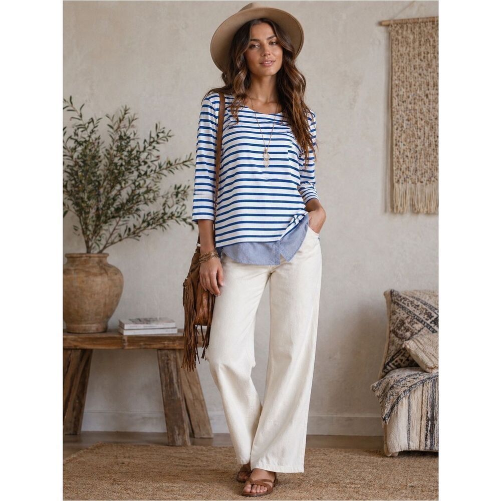 Anthropologie Lili’s Closet Blue and White Boxy 3/4 Sleeve Tee